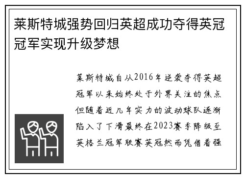 莱斯特城强势回归英超成功夺得英冠冠军实现升级梦想 莱斯特城强势回归英超成功夺得英冠冠军实现升级梦想